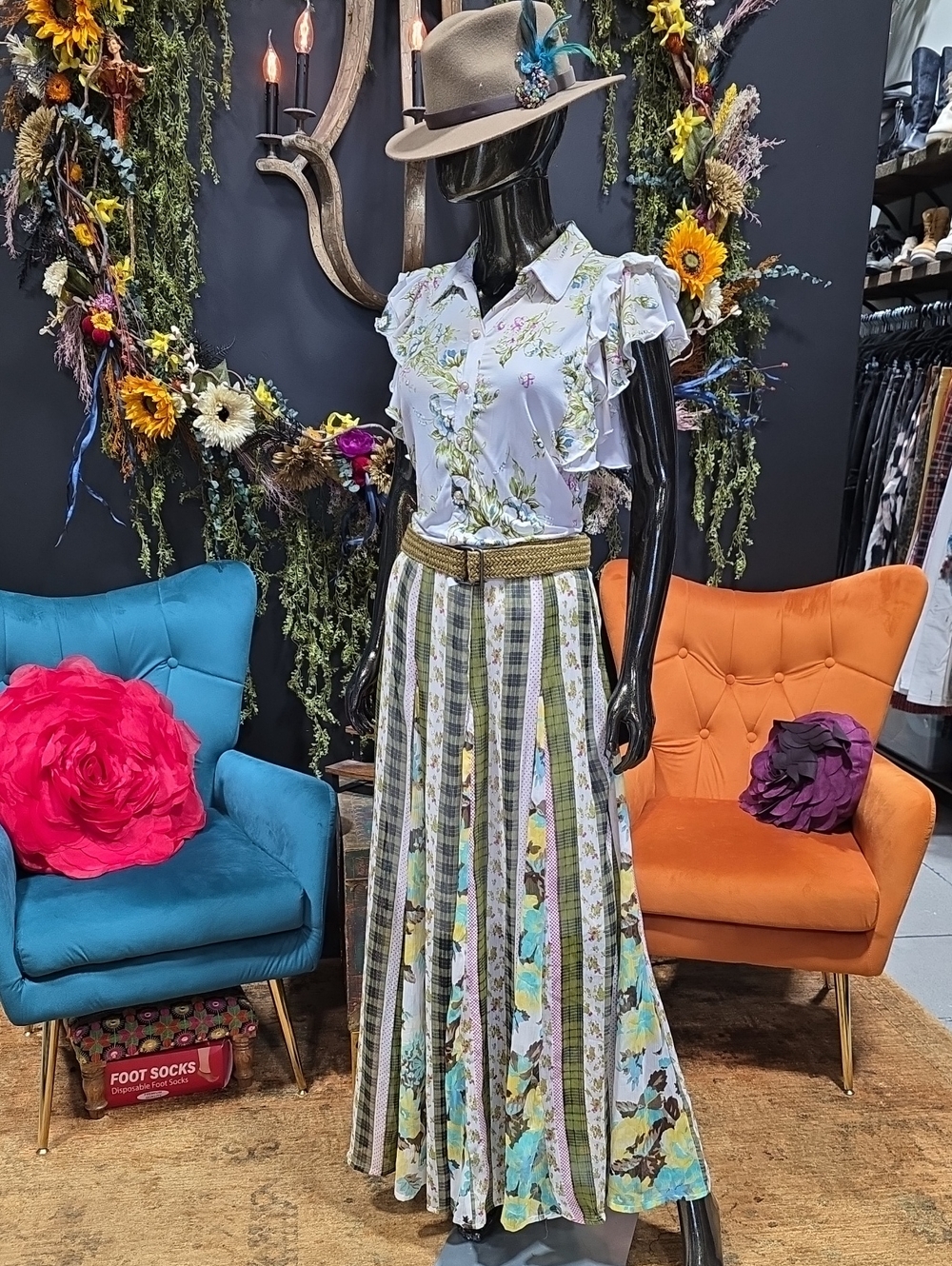Blue Plate Striped Floral Maxi Skirt - Green Multi